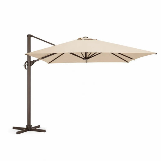 Parasol déporté carré inclinable 300 × 300 × 255 cm en polyester beige, structure en aluminium et acier brun avec manivelle