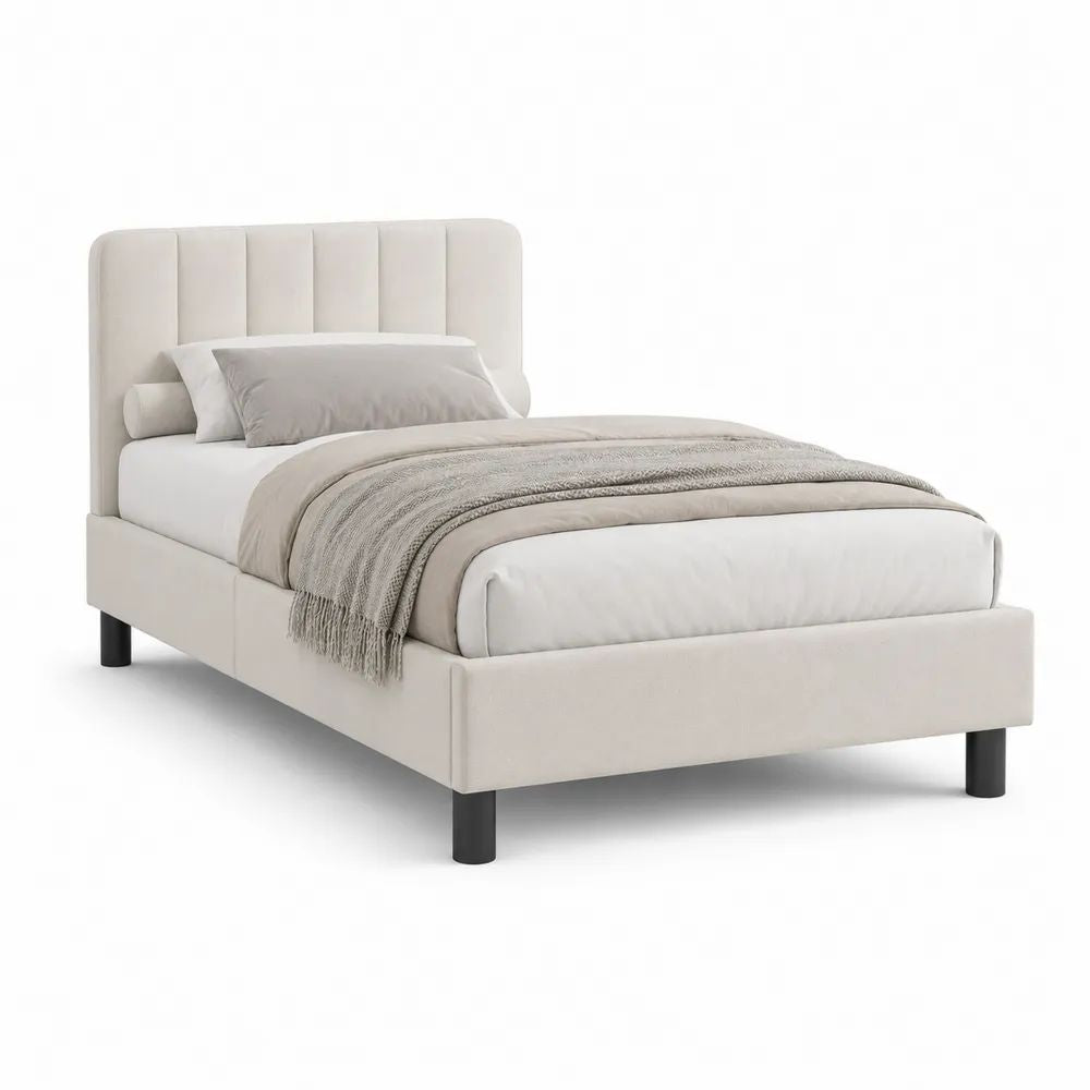 Lit double rembourré en polyester beige et noir avec tête de lit à panneaux et sommier à lattes, couchage 140 × 190 cm, dimensions 202 × 150 × 110 cm