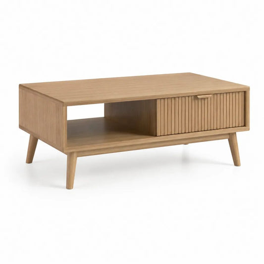 Table basse rectangulaire avec rangement en MDF plaqué chêne naturel, 100 × 50 × 45 cm