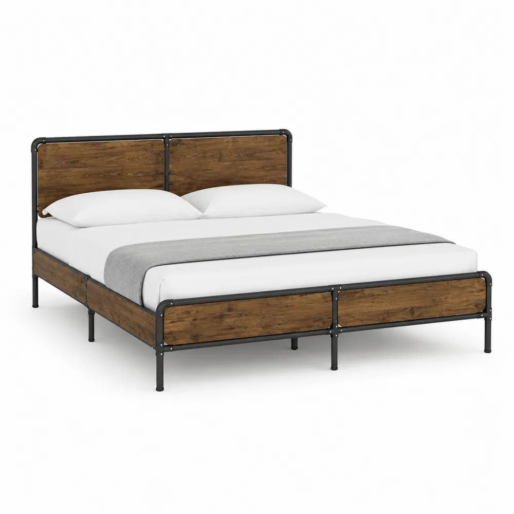 Lit double 160 x 200 cm avec cadre en acier et panneaux en bois, marron noyer et noir