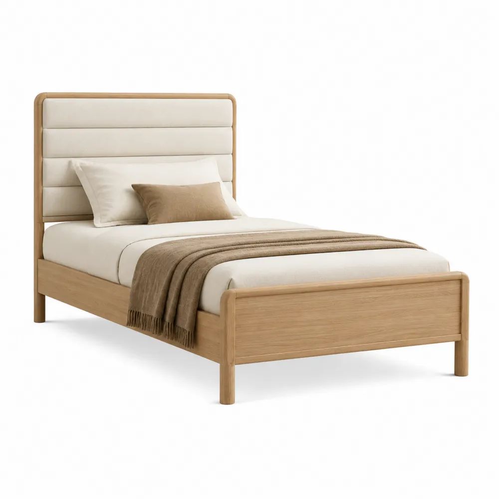 Lit simple en bois 90 × 200 cm avec sommier à lattes, tête de lit rembourrée beige et finition chêne naturel