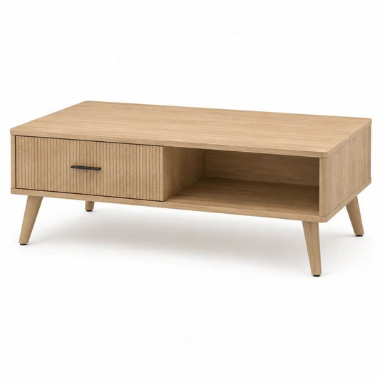 Table basse rectangulaire en bois avec tiroir rainuré et niche ouverte, chêne naturel et noir, 100 x 50 x 45 cm