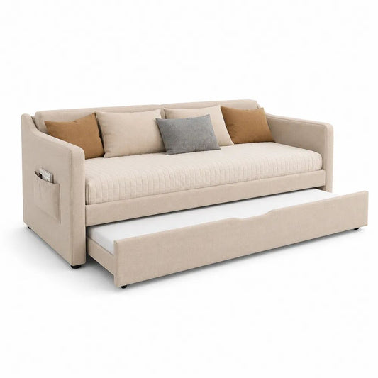 Canapé-lit gigogne en tissu beige, 2 couchages 90 × 200 cm, dimensions 214 × 102 × 88 cm