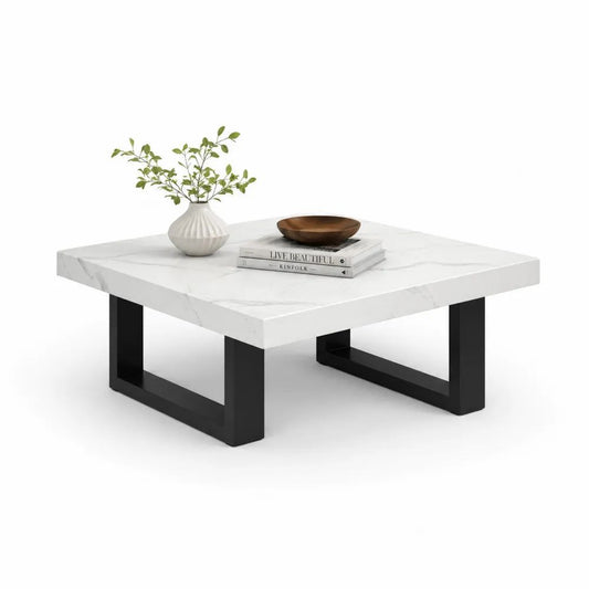 Table basse carrée effet marbre blanc en bois et métal noir, 80 × 80 × 40 cm