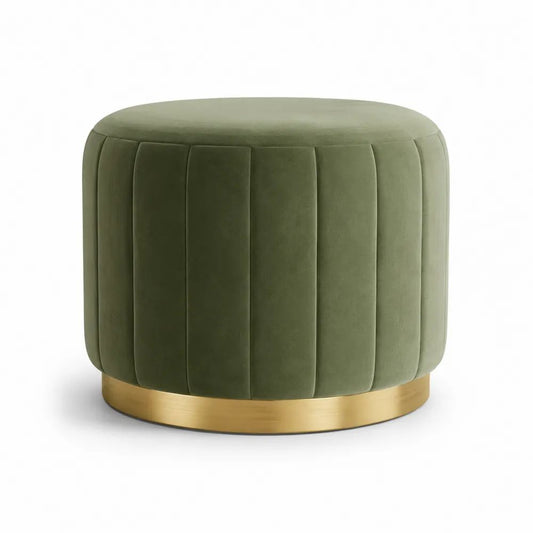 Pouf repose-pieds rond en tissu rembourré vert olive avec socle en métal doré, 50 × 50 × 44 cm